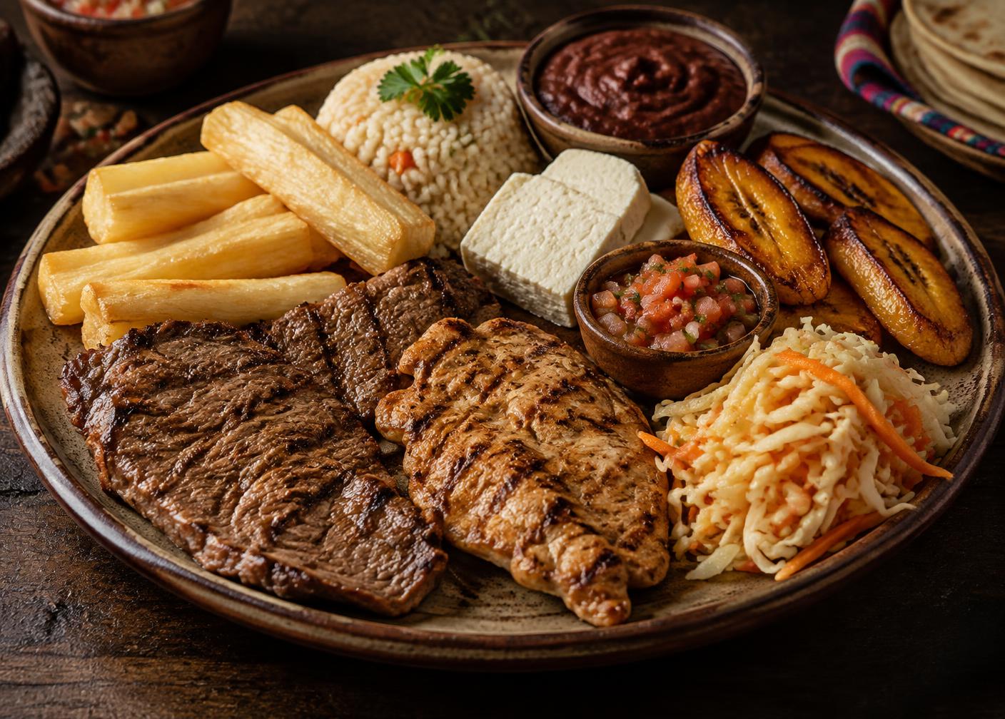 Bandeja típica salvadoreña with grilled meats, yuca, plantains, rice, beans and curtido