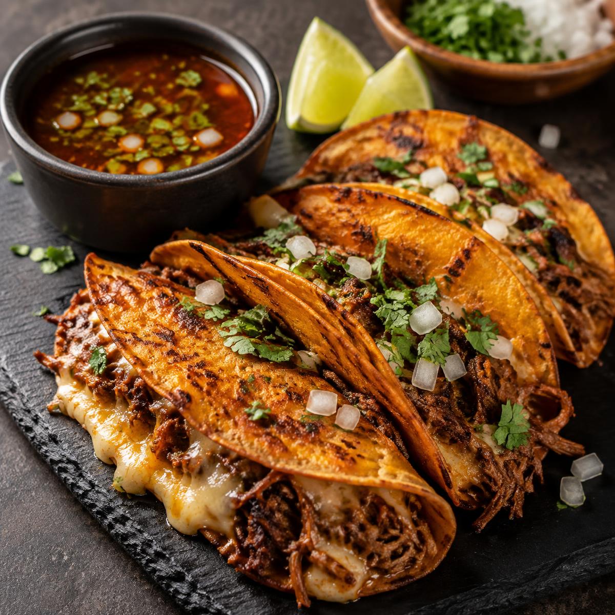 Quesabirria tacos with melted cheese and consomé for dipping