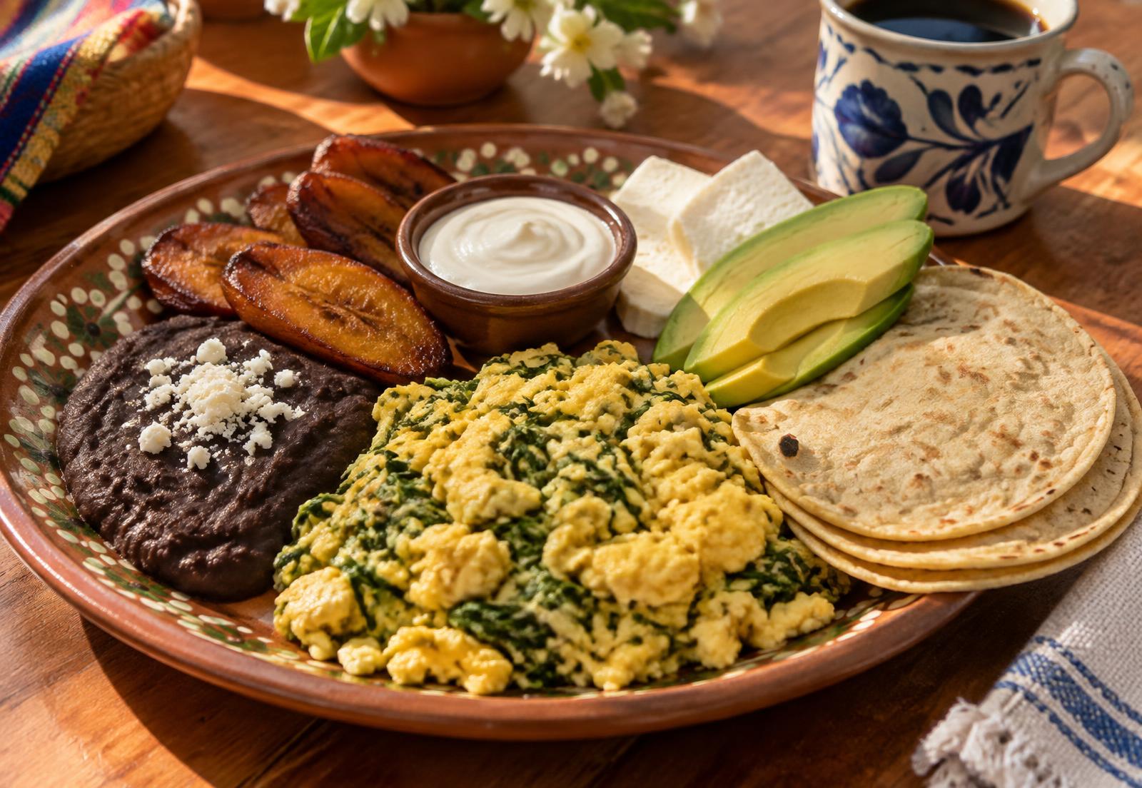Salvadoran breakfast plate with eggs, beans, plantains, cheese, crema, avocado and tortillas