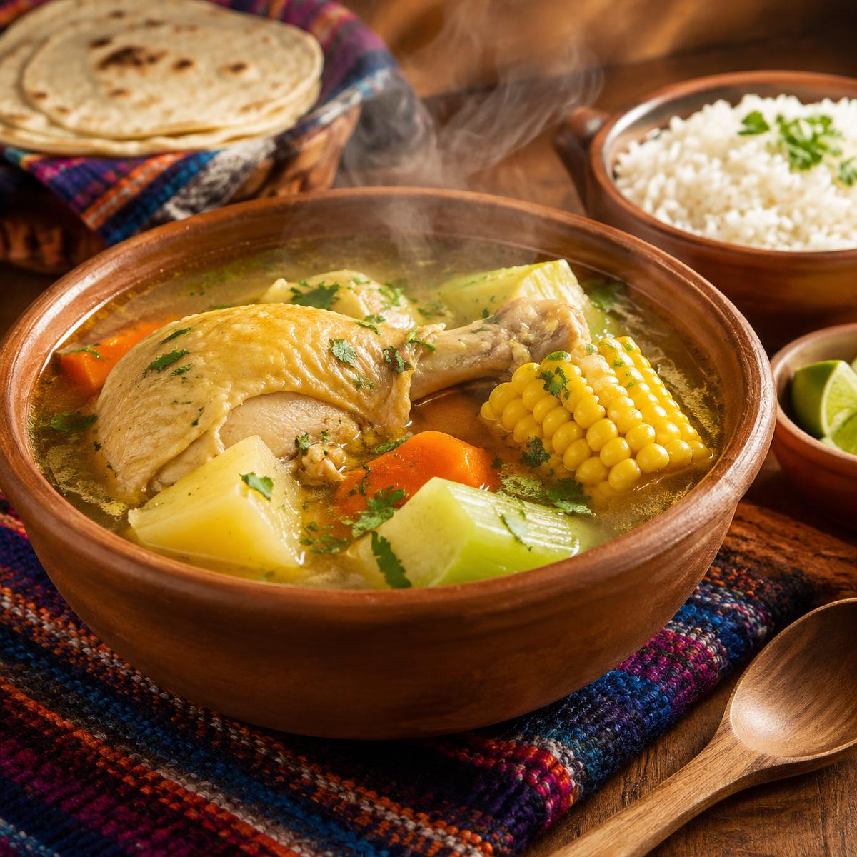 Sopa de gallina salvadoreña served in a clay bowl with vegetables and rice